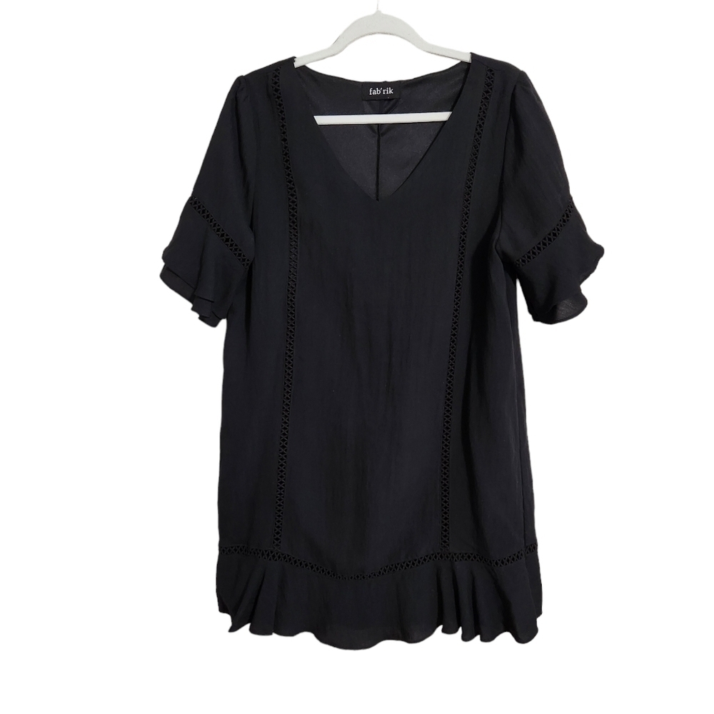 Fab'Rik Black Dress V-Neck Ruffle Flutter Sleeve Polyester, sz Lg